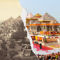 Before and after images of the Ram Mandir temple in India