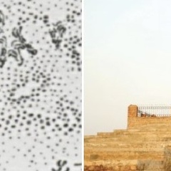 Historic map and photograph of the Patan Minara tower in the Rohi desert